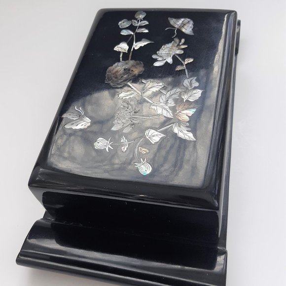 VTG Chinese Cigarette Box Black Lacquer Mother of Pearl Inlay 36 Cigarette - Picture 8 of 9